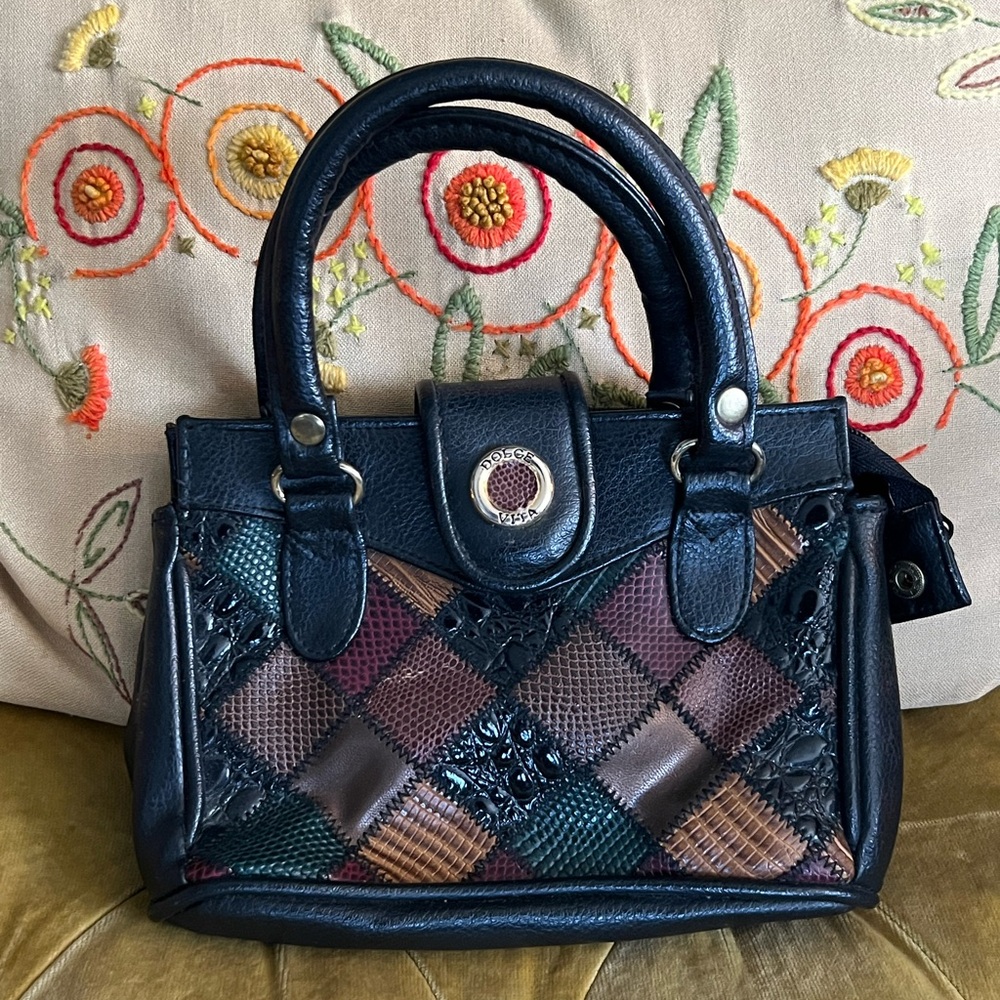 Vtg Mini Leather Patchwork Handbag - image 1